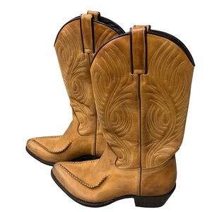 Tony Mora Coastal Spain Handmade Beige Exotic Leather Mid Calf Cowboy Boots, 7.5
